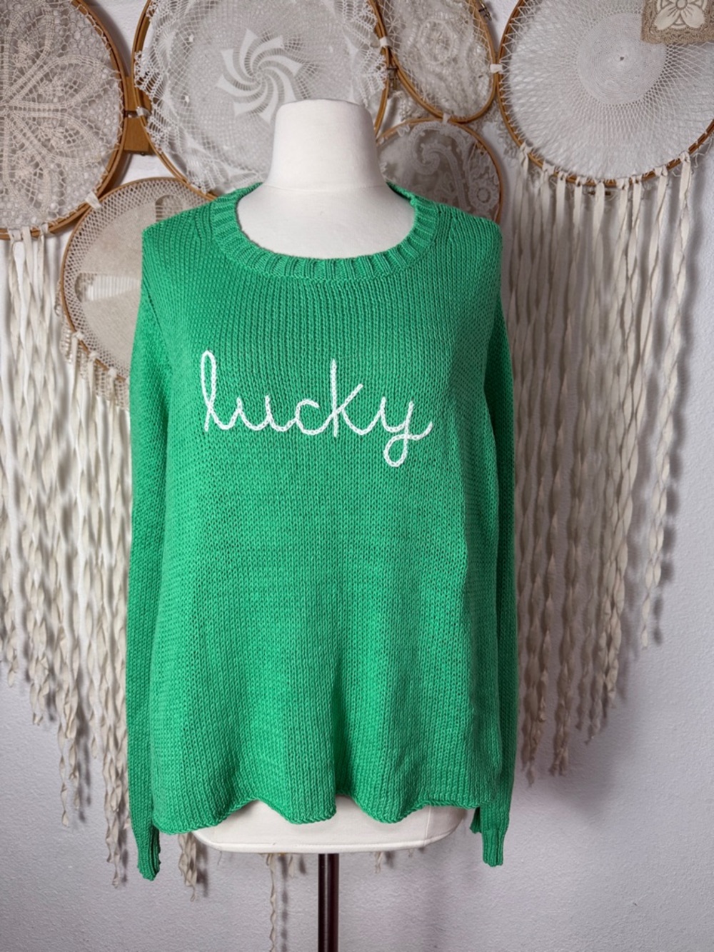 Wooden Ships Green Cotton Blend "Lucky" Crewneck Sweater M/L